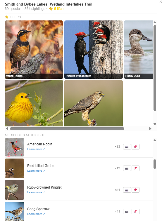 Map popup showing lifer photos and species list for Smith and Bybee Lakes